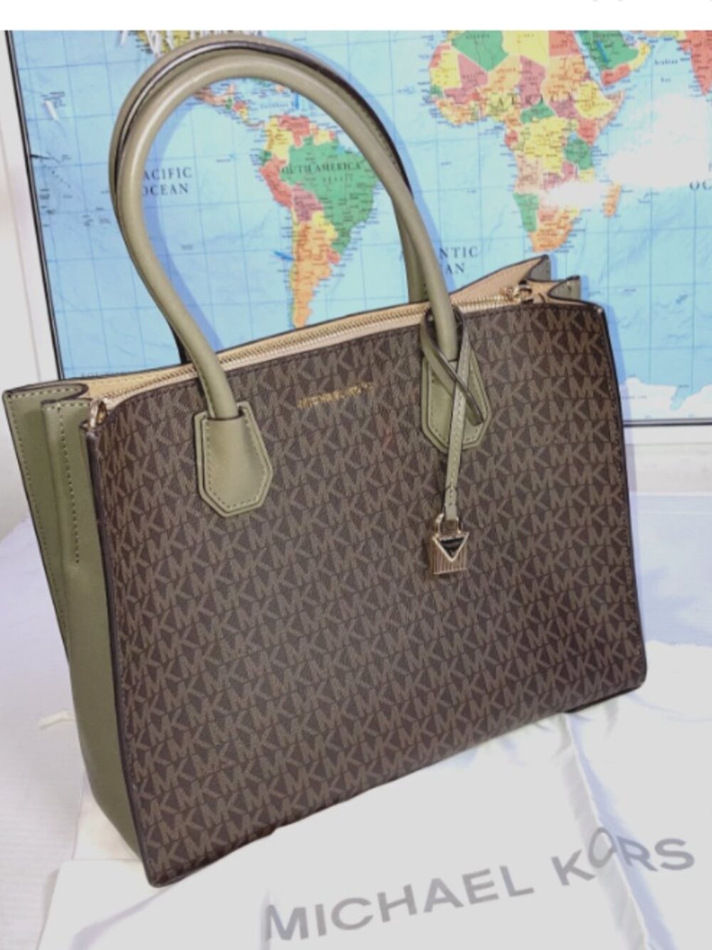 Michael Kors Mercer Tote Shoulder Bag MK Logo Signature Luggage Brown 12"